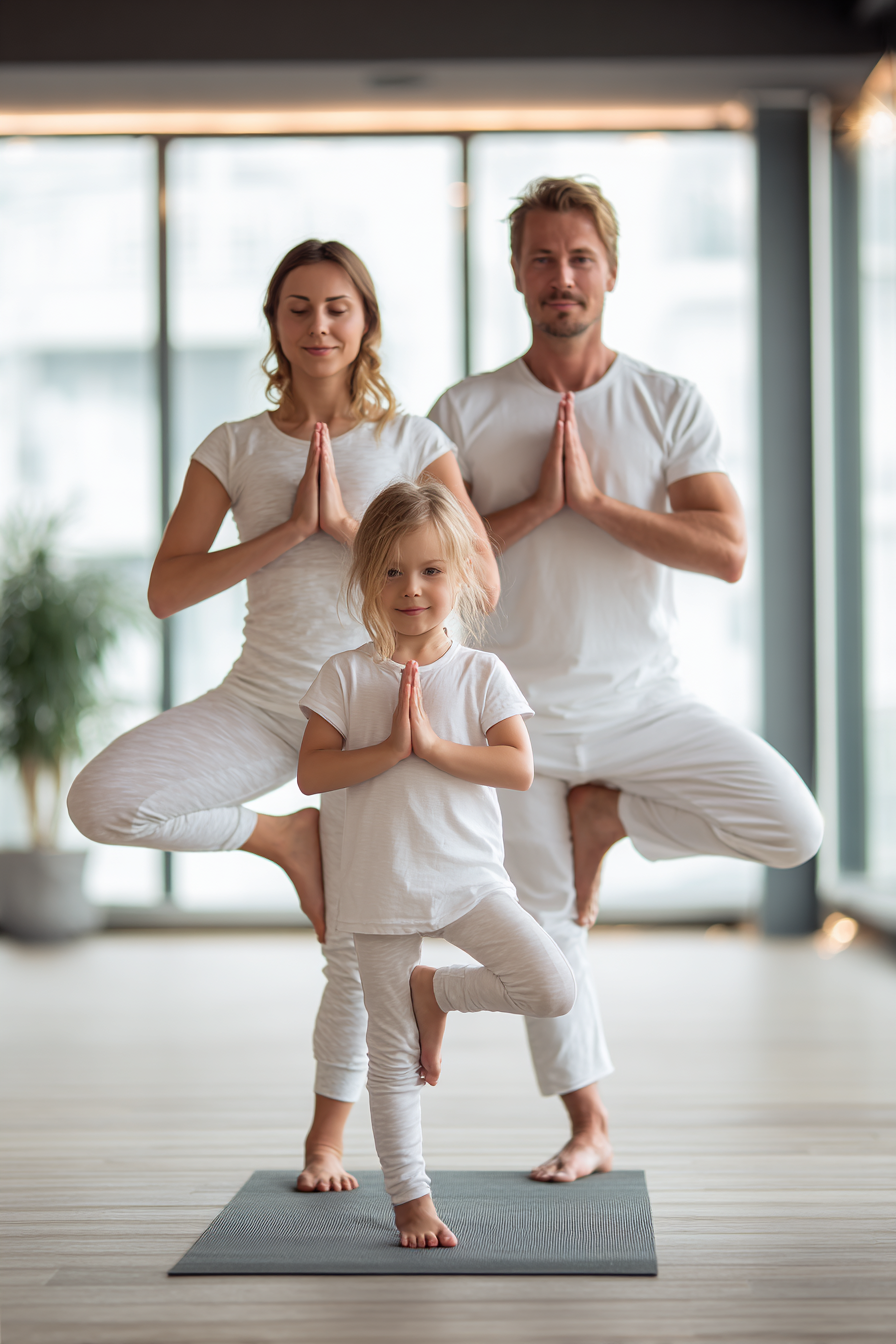 Семейство практикува медитация и осъзнато дишане