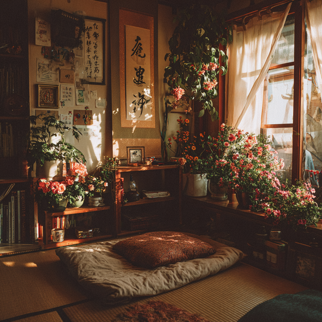 Уютен домашен йога кът с постелки, възглавници и растения в японски дзен стил